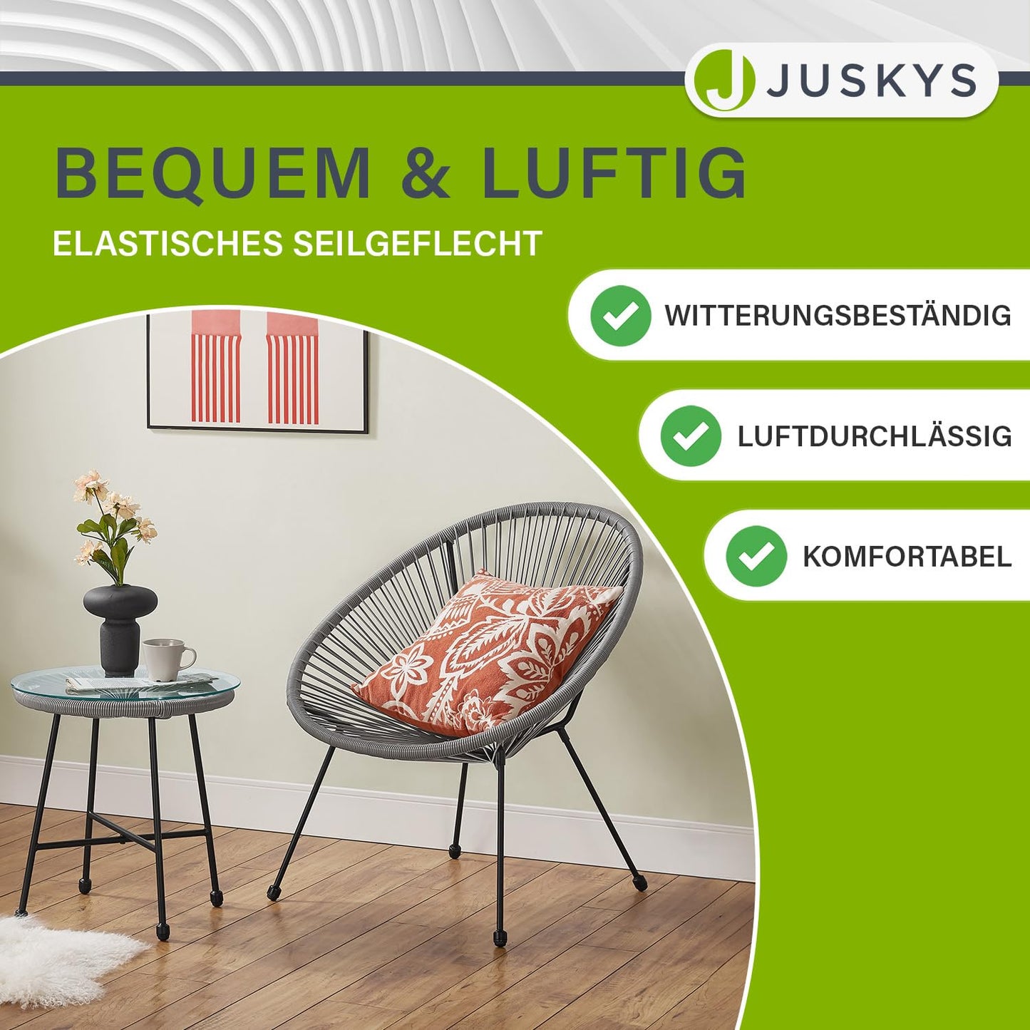 Juskys Ostana Balkonset 3-teilig – Tisch + 2 Sessel, Hellgrau