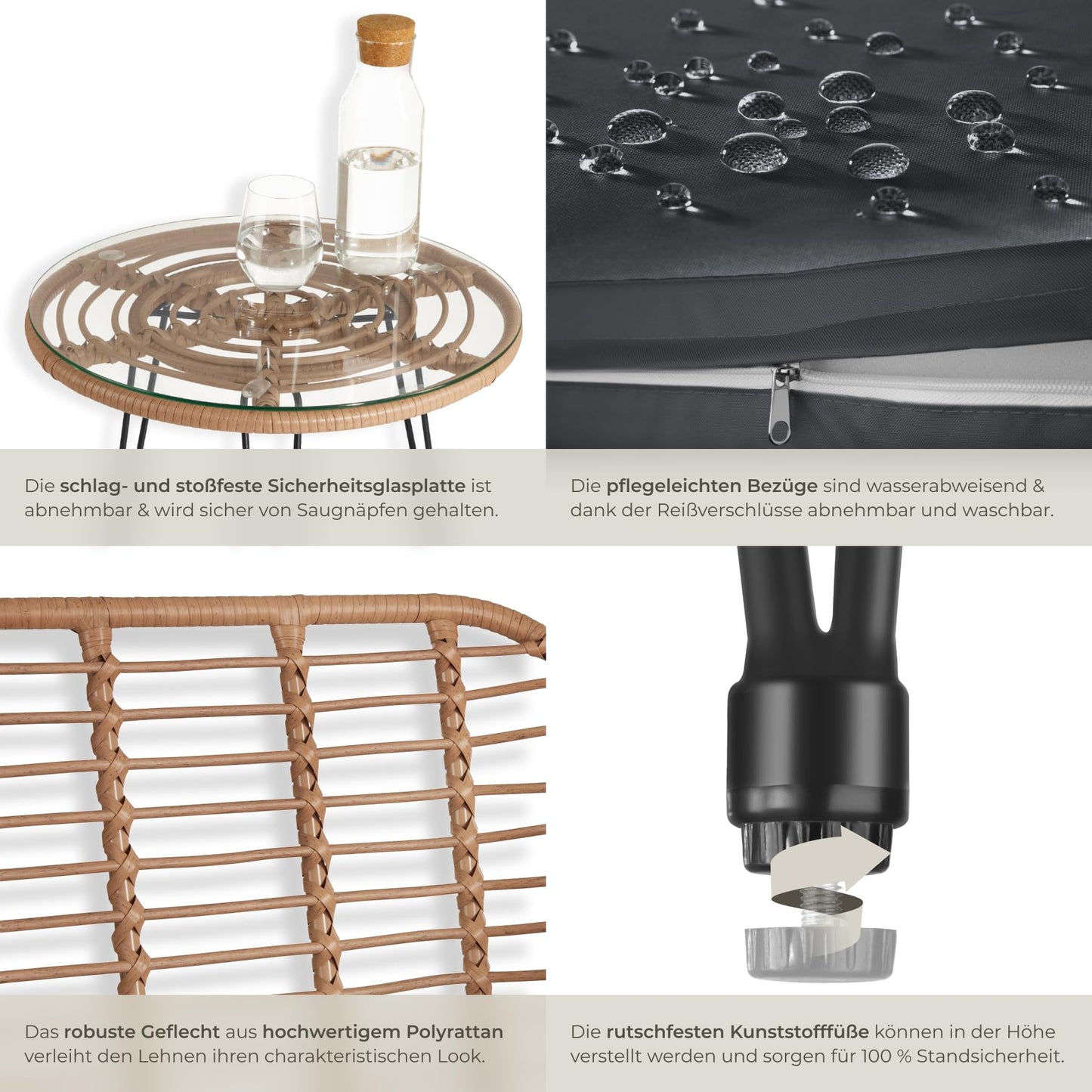 tectake 2-Personen Bistro-Set 3-tlg., Rattan, Garten/Balkon, Natur