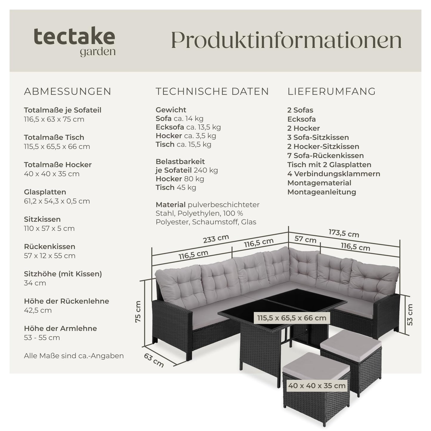 tectake 5-tlg. Polyrattan Lounge Set mit Kissen, Balkon & Garten, Schwarz