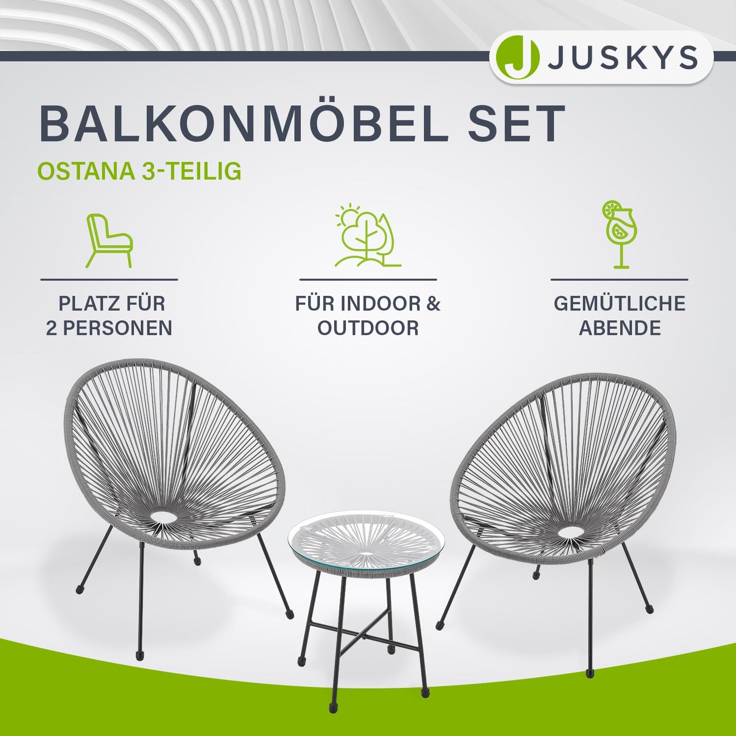 Juskys Ostana Balkonset 3-teilig – Tisch + 2 Sessel, Hellgrau
