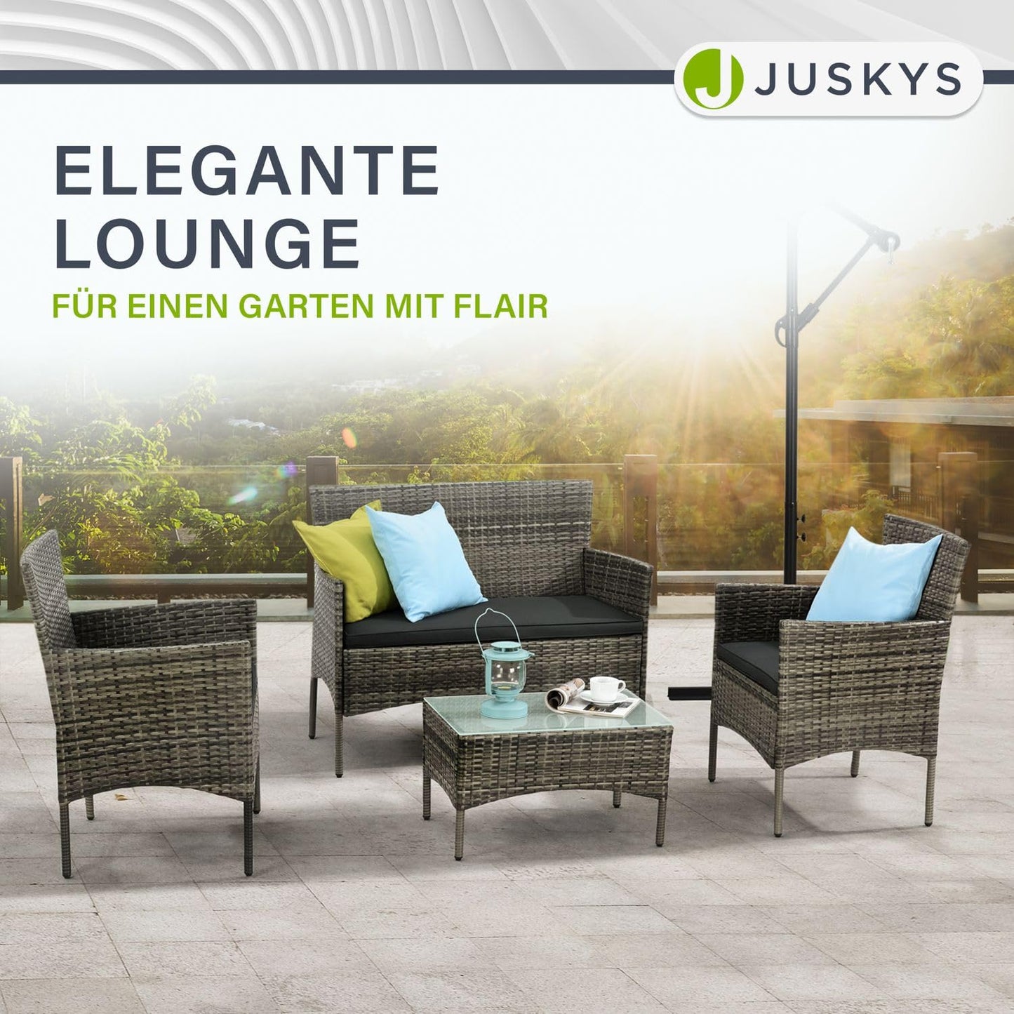 Juskys Fort Myers 4-Pers. Polyrattan Lounge-Set mit Tisch & Kissen, Grau