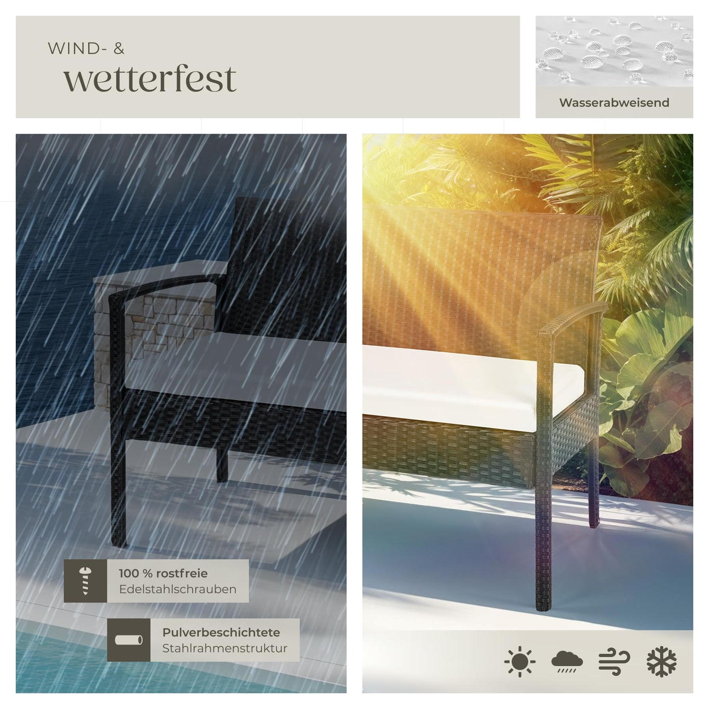 tectake Rattan Gartenlounge 4-tlg., 2 Sessel, Bank & Tisch, Outdoor schwarz