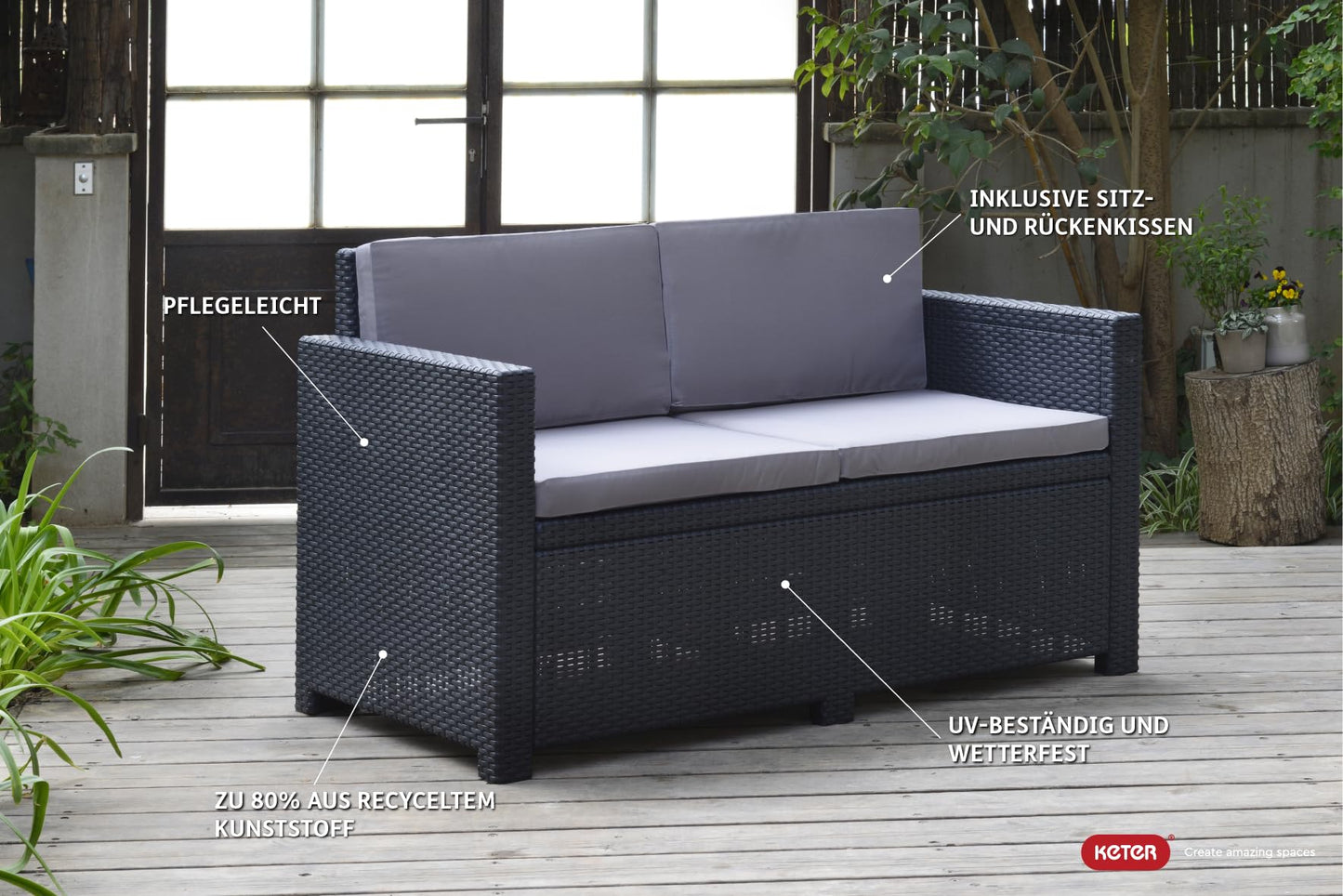 Allibert Victoria Lounge Sofa 2-Sitzer, Rattan, wetterfest, Grau