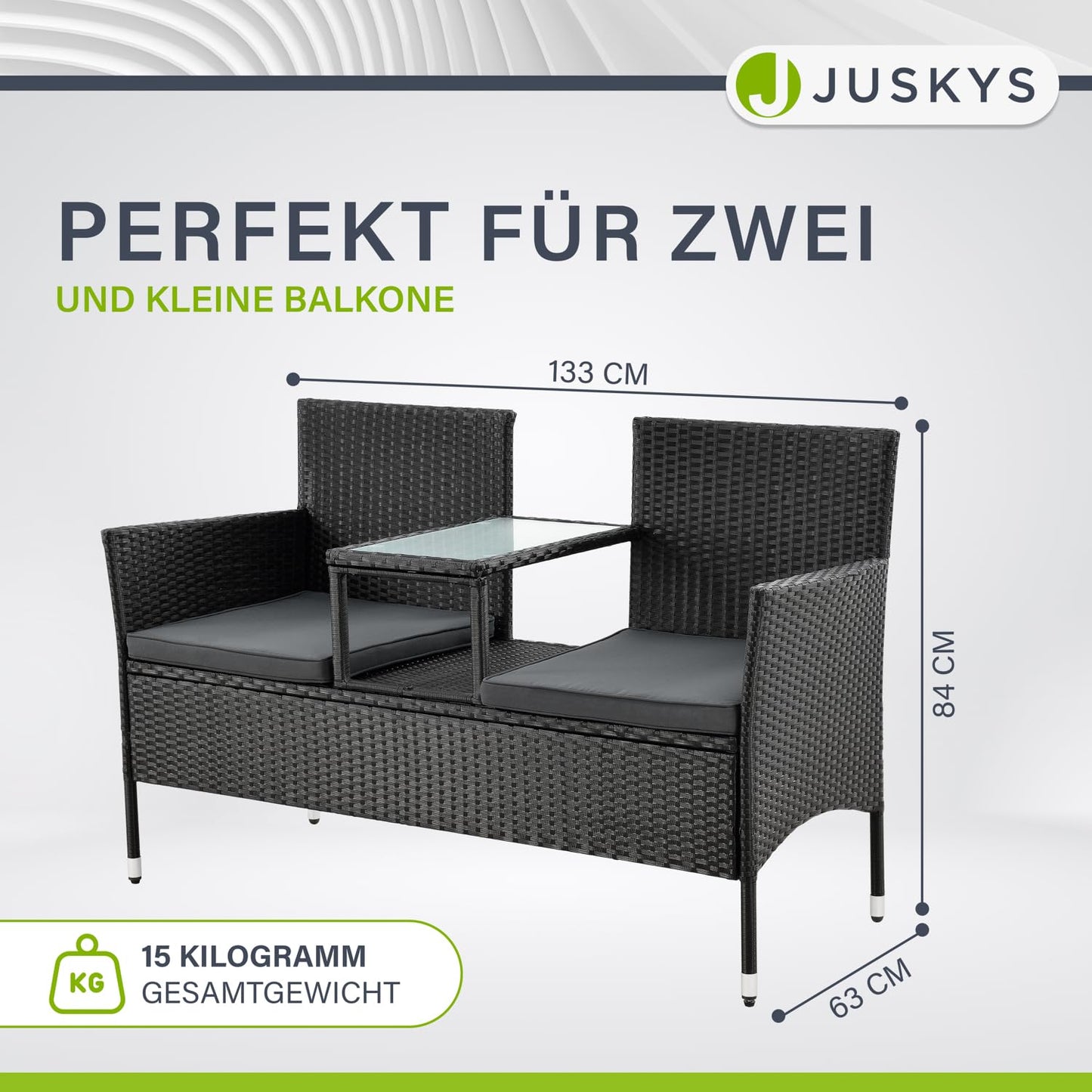 Juskys Polyrattan 2-Sitzer Gartenbank Monaco mit Tisch & Kissen, wetterfest