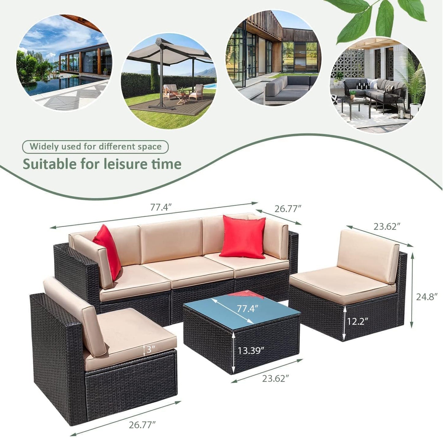 Devoko Outdoor Sofa Set 6-teilig, Rattan Terrasse mit Glastisch & Kissen