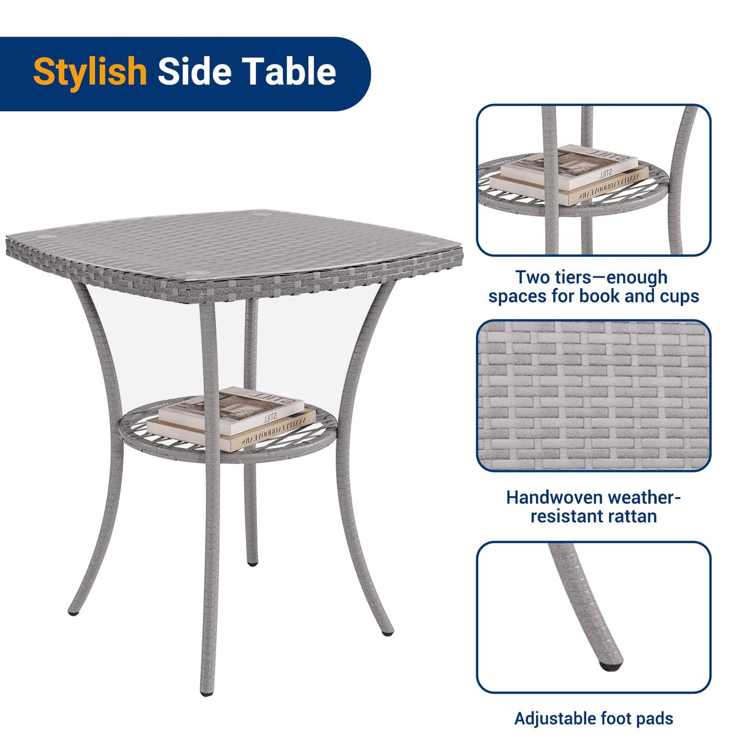 UDPATIO Balkonmöbel Set 3-teilig, wetterfest, Polyrattan, 2 Personen, Grau