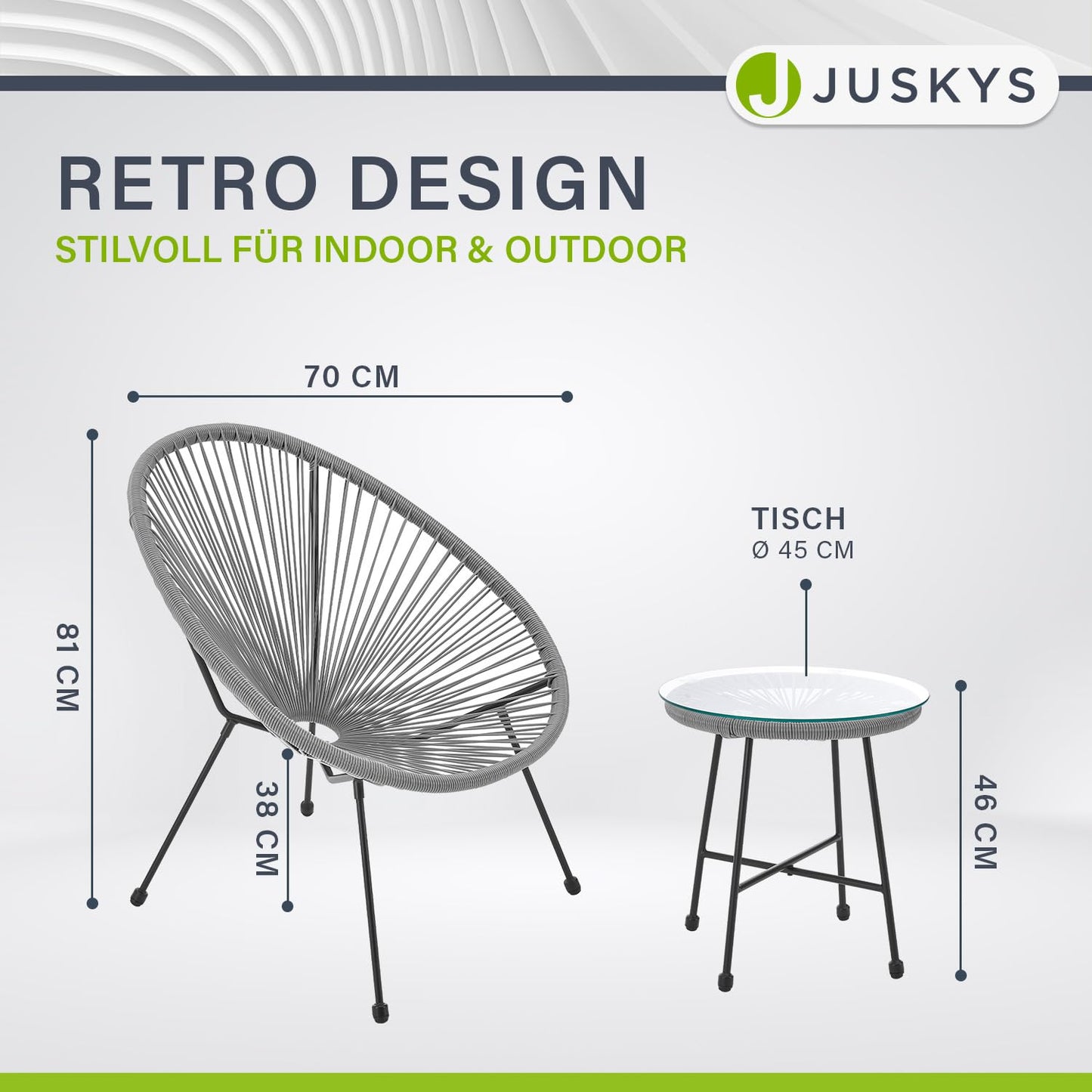 Juskys Ostana Balkonset 3-teilig – Tisch + 2 Sessel, Hellgrau