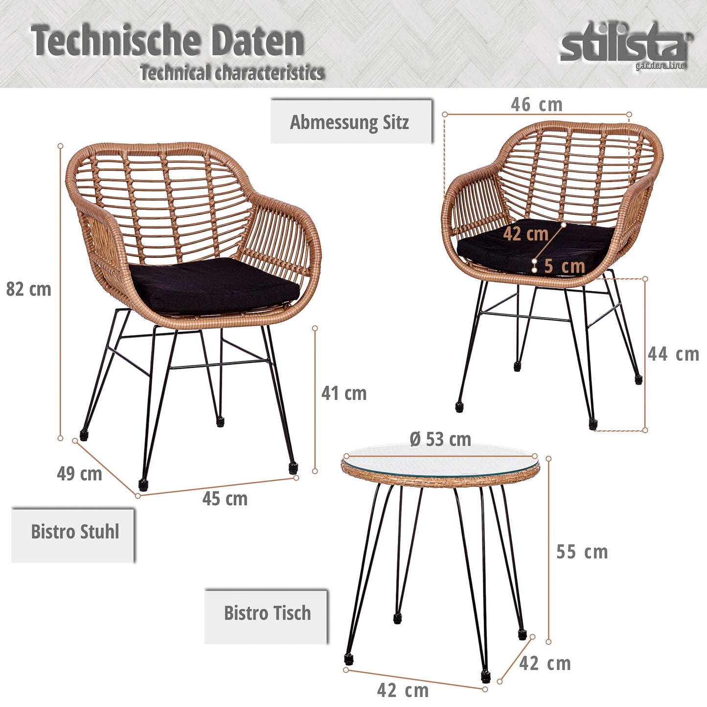 STILISTA 3-teiliges Outdoor Bistroset, 2 Lounge Sessel & Beistelltisch