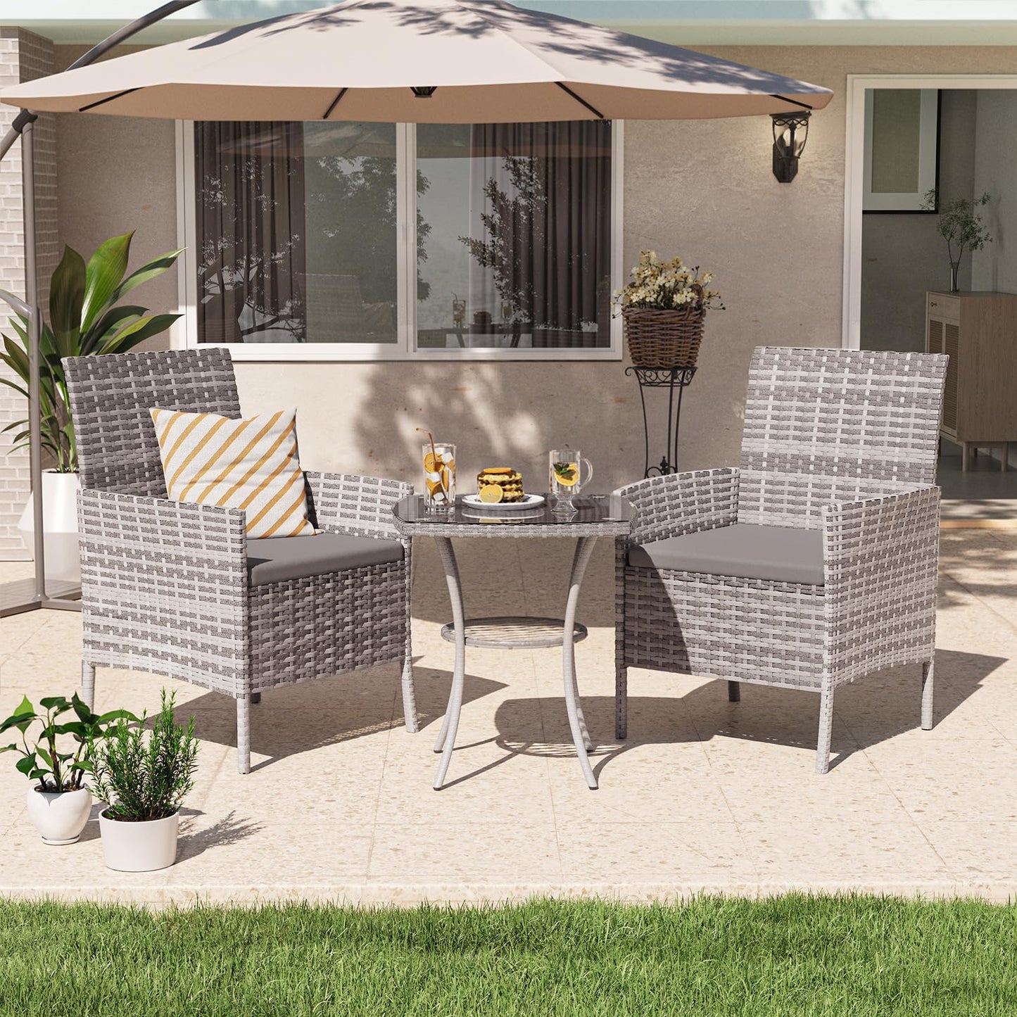 UDPATIO Balkonmöbel Set 3-teilig, wetterfest, Polyrattan, 2 Personen, Grau