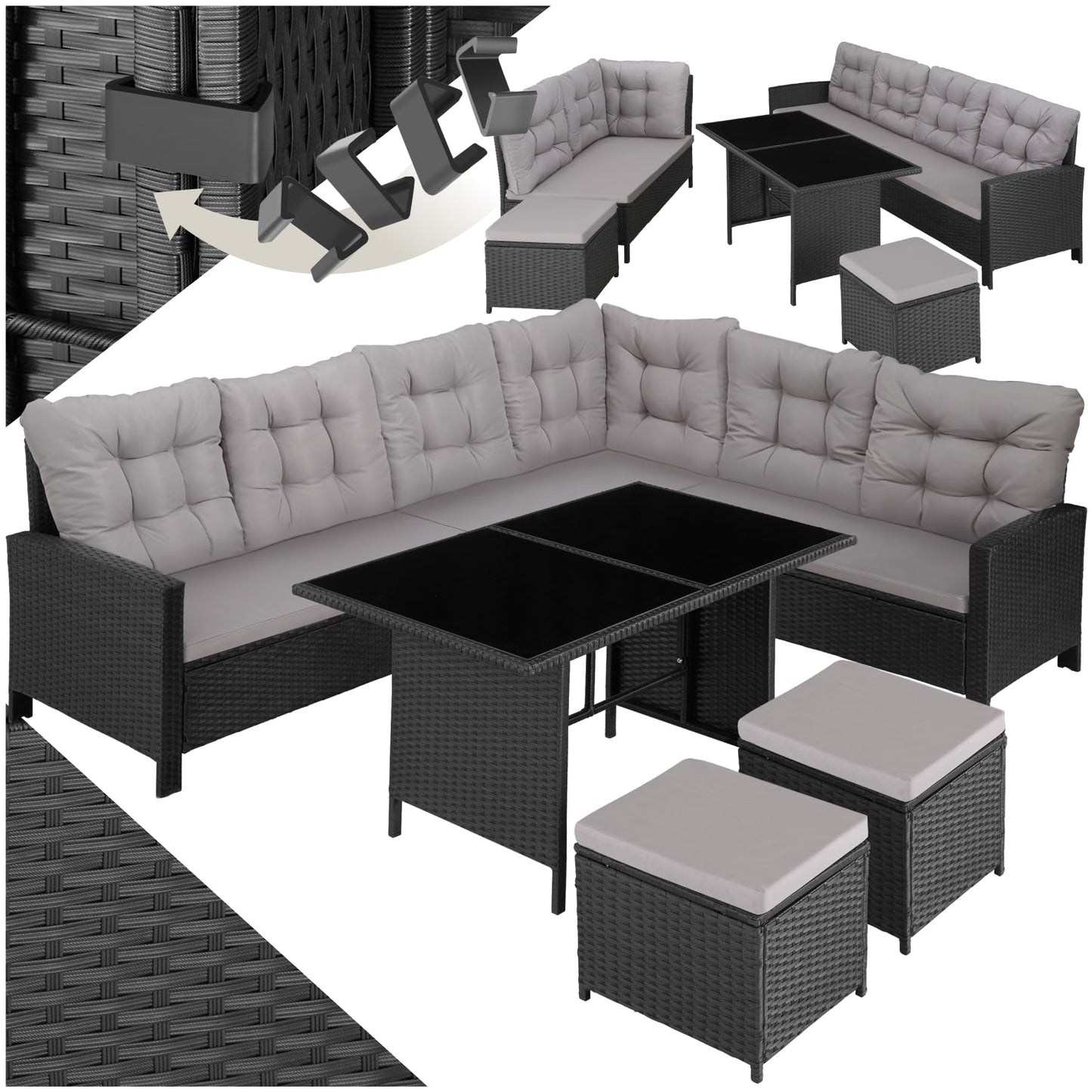 tectake 5-tlg. Polyrattan Lounge Set mit Kissen, Balkon & Garten, Schwarz