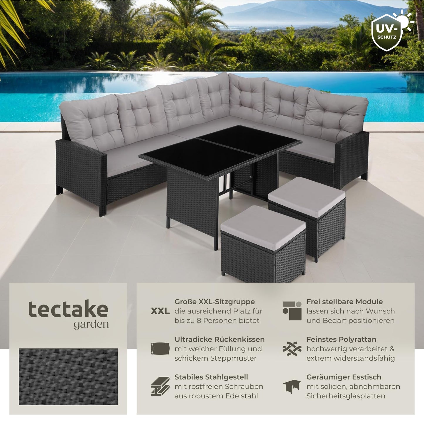 tectake 5-tlg. Polyrattan Lounge Set mit Kissen, Balkon & Garten, Schwarz