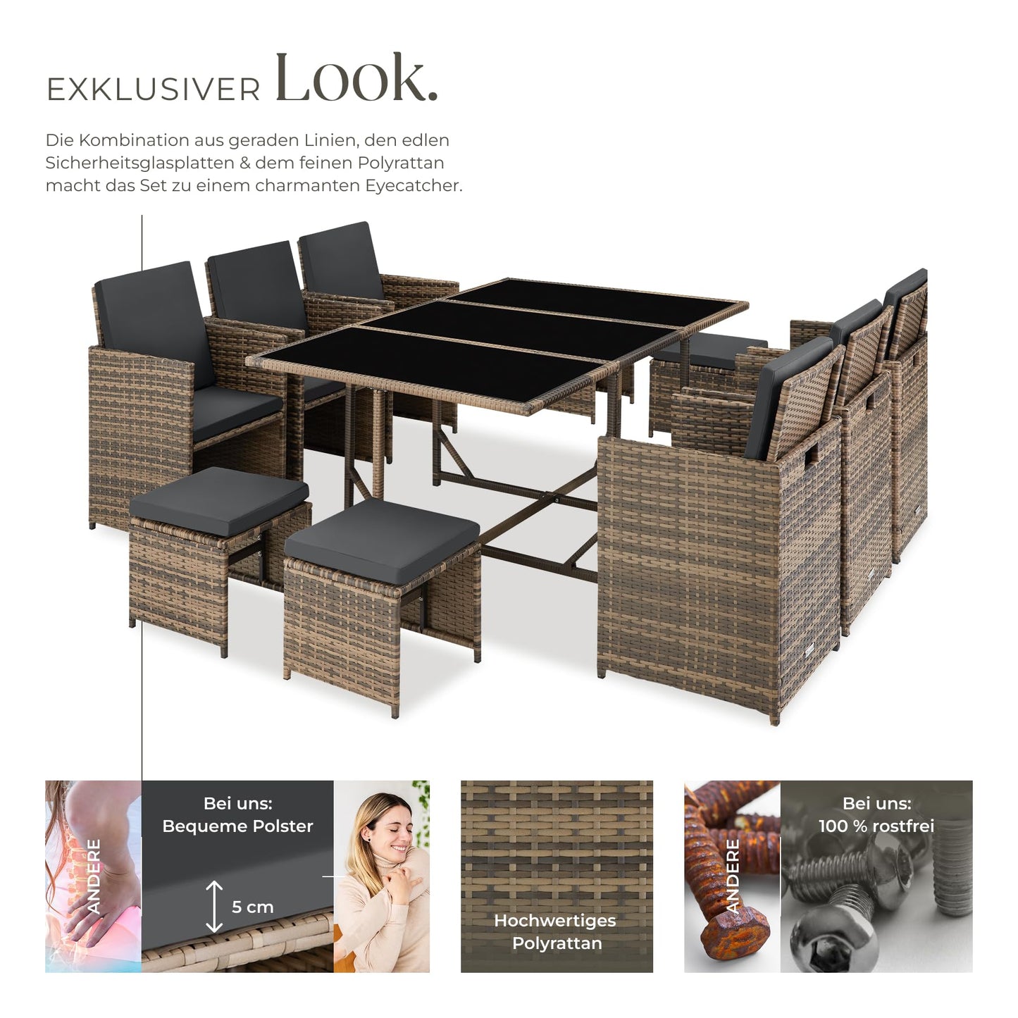 tectake® Balkonmöbel Set, Poly-Rattan Lounge mit 6 Stühlen & 4 Hockern, Natur