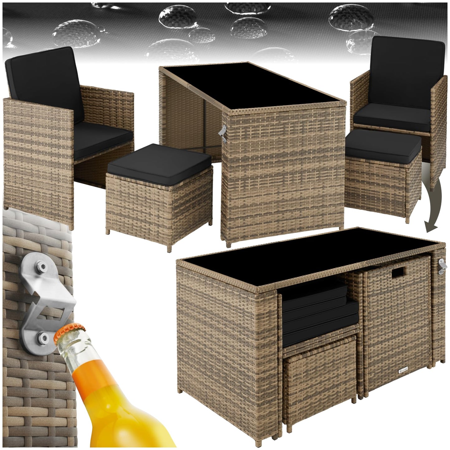 Polyrattan Gartenset tectake, 5-teilig, Lounge Sofa, Sessel, Hocker, Natur