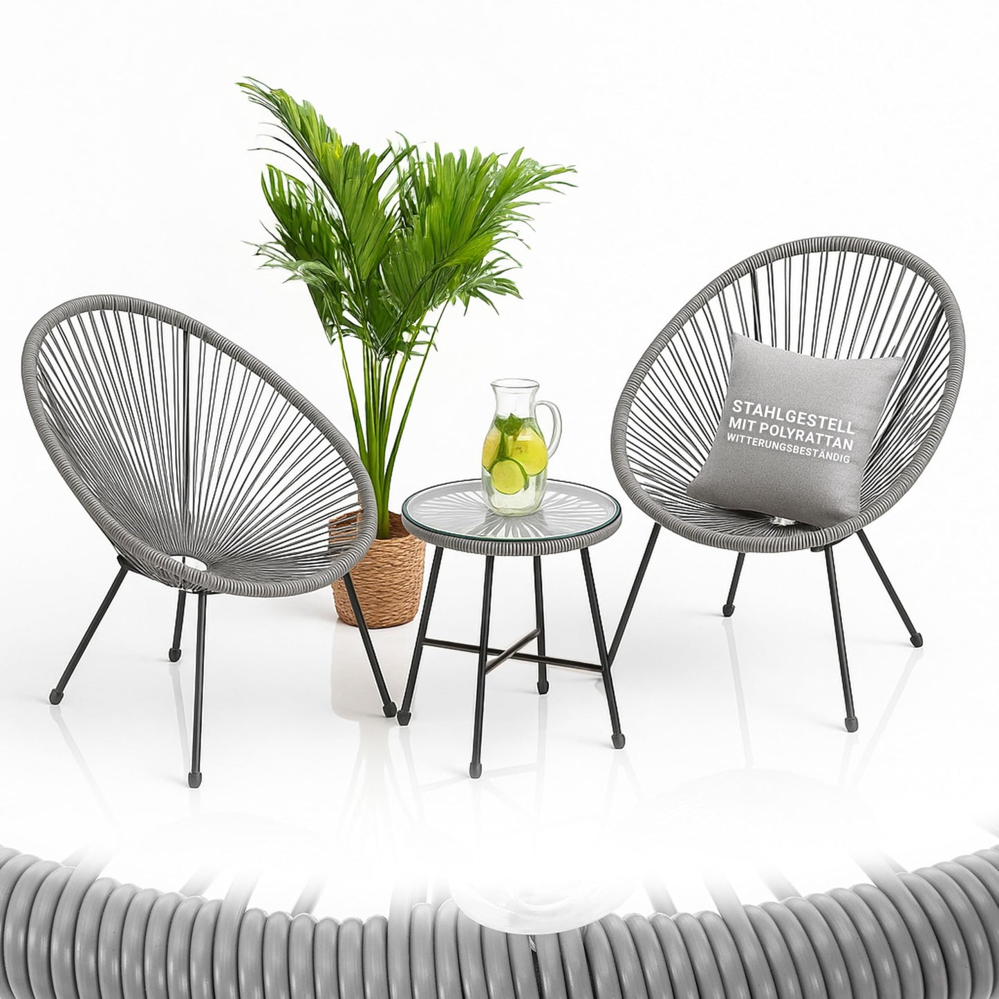 Juskys Ostana Balkonset 3-teilig – Tisch + 2 Sessel, Hellgrau