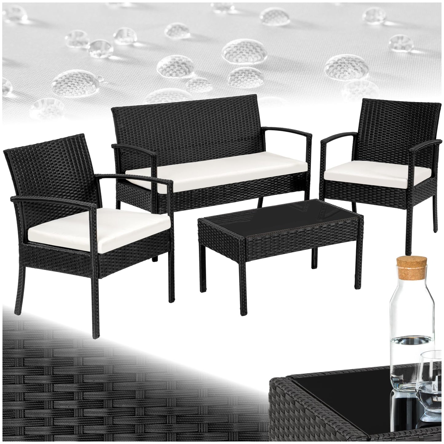tectake Rattan Gartenlounge 4-tlg., 2 Sessel, Bank & Tisch, Outdoor schwarz