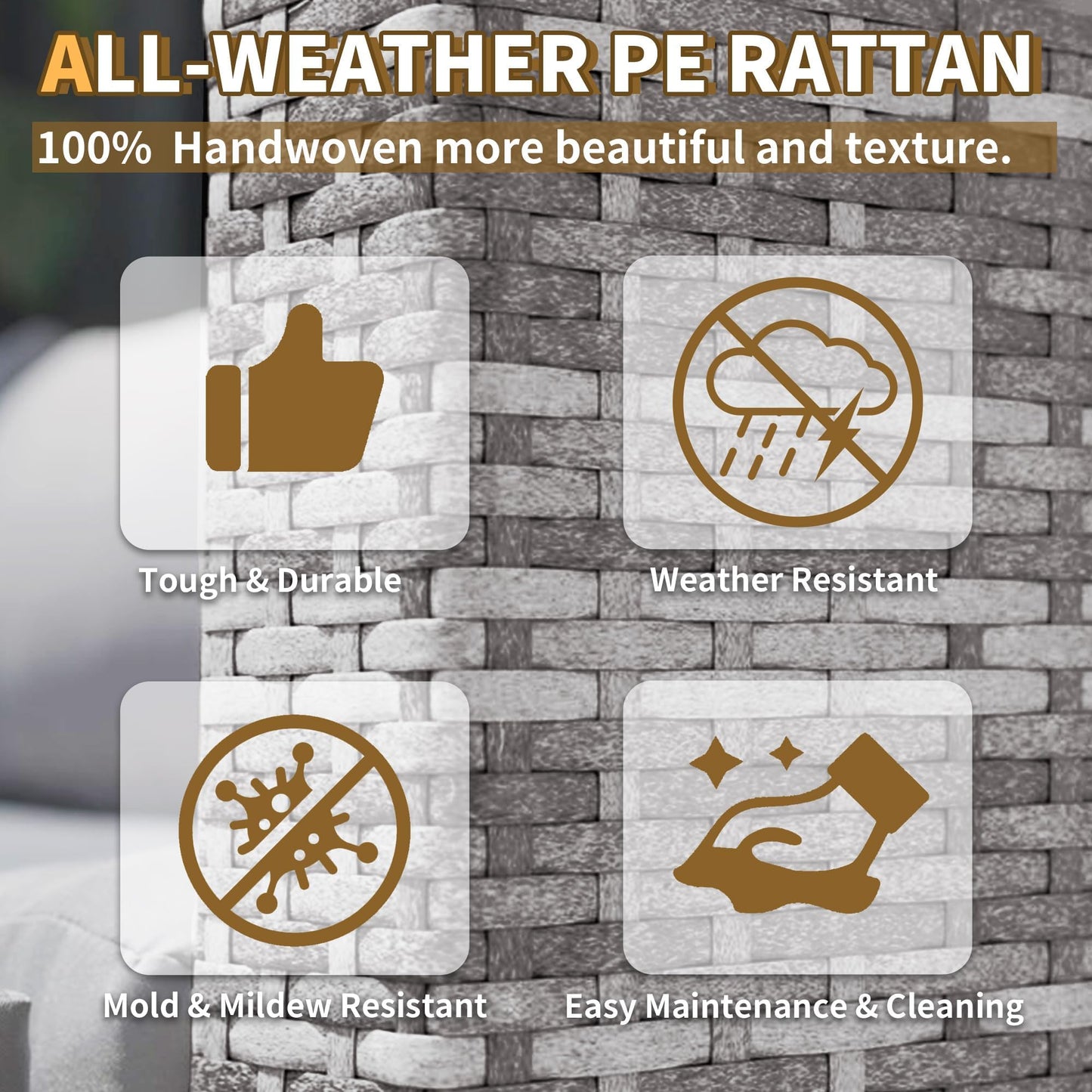 UDPATIO Gartenlounge 4 Pers., 3-Sitzer Sofa + Hocker + Beistelltisch, Khaki