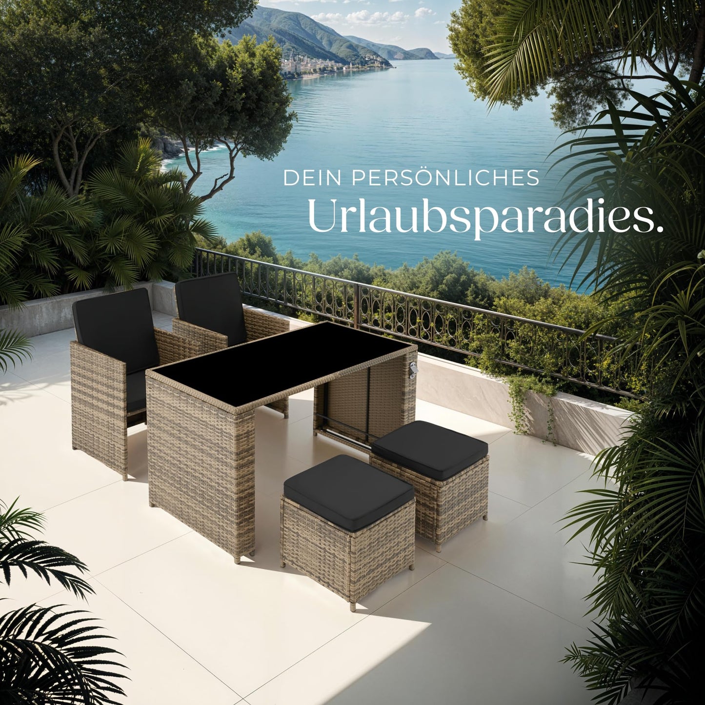 Polyrattan Gartenset tectake, 5-teilig, Lounge Sofa, Sessel, Hocker, Natur