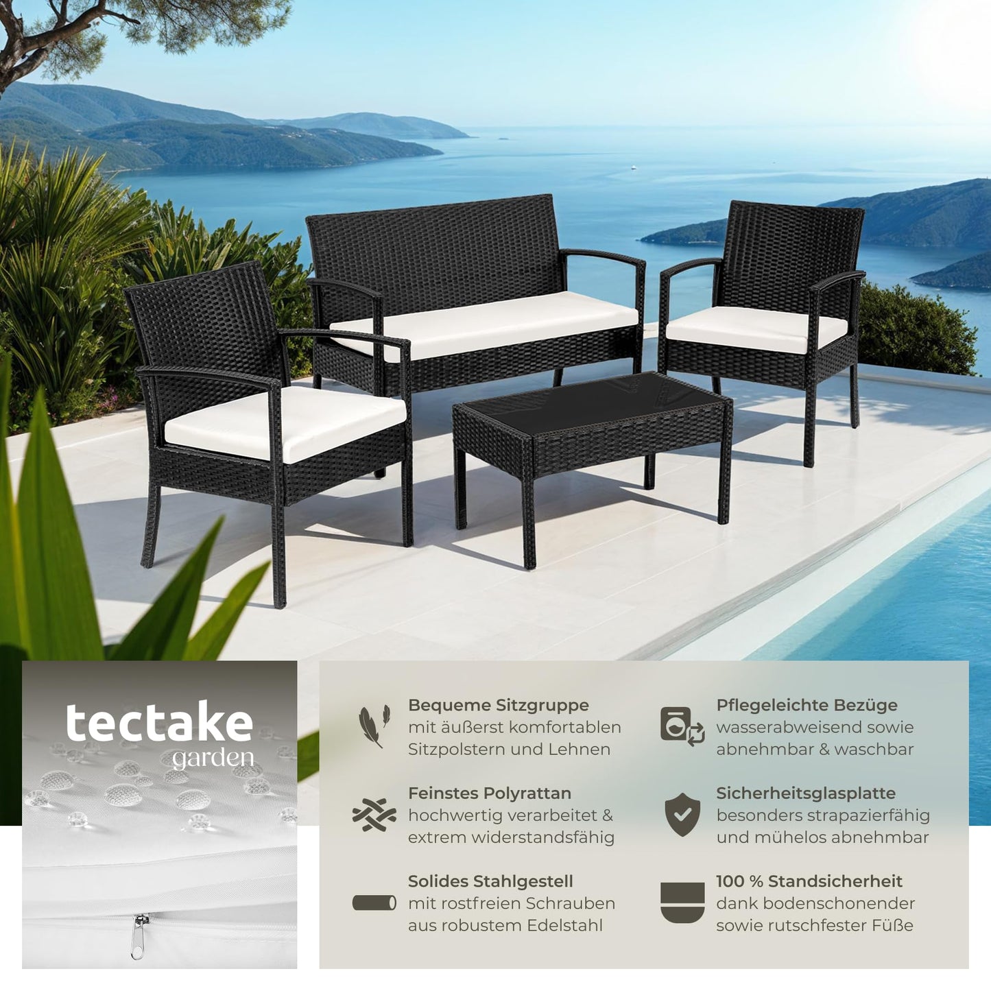 tectake Rattan Gartenlounge 4-tlg., 2 Sessel, Bank & Tisch, Outdoor schwarz