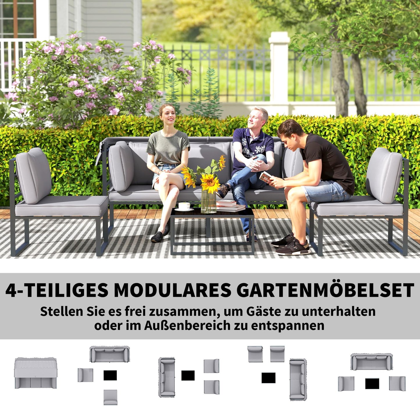 Outsunny Gartenlounge Set 5-tlg., wetterfest für Balkon & Terrasse, Grau
