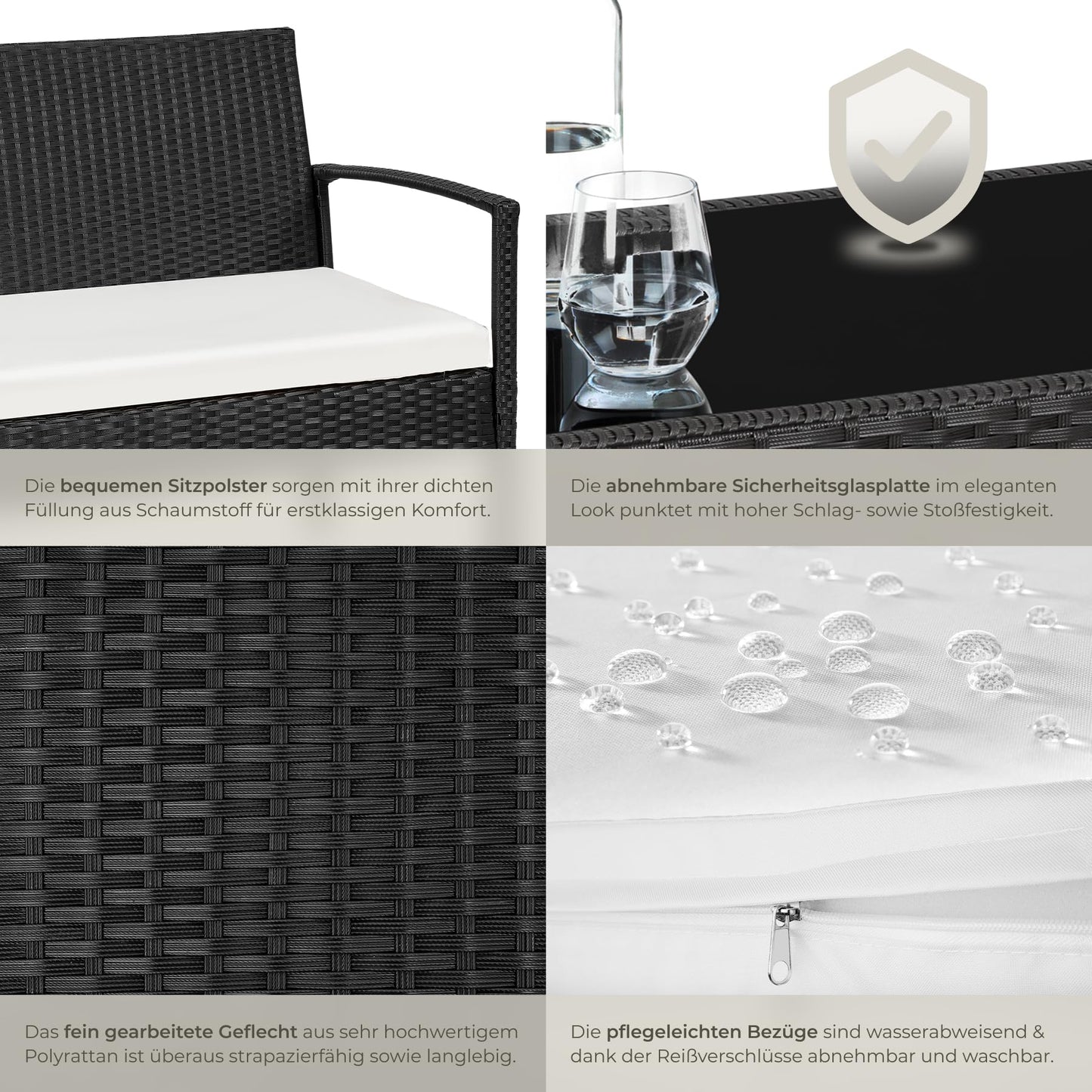 tectake Rattan Gartenlounge 4-tlg., 2 Sessel, Bank & Tisch, Outdoor schwarz