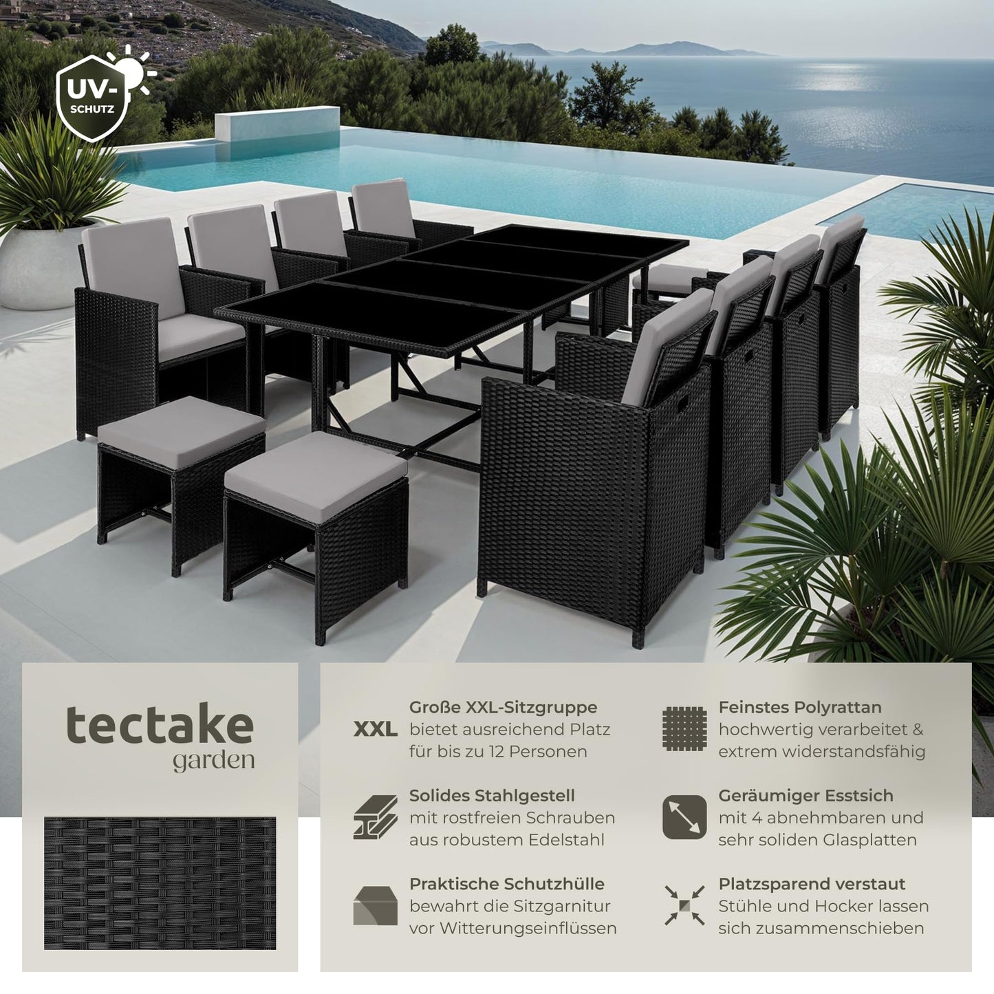 tectake Gartenlounge 13-tlg., Polyrattan Set für Garten, Balkon, Terrasse