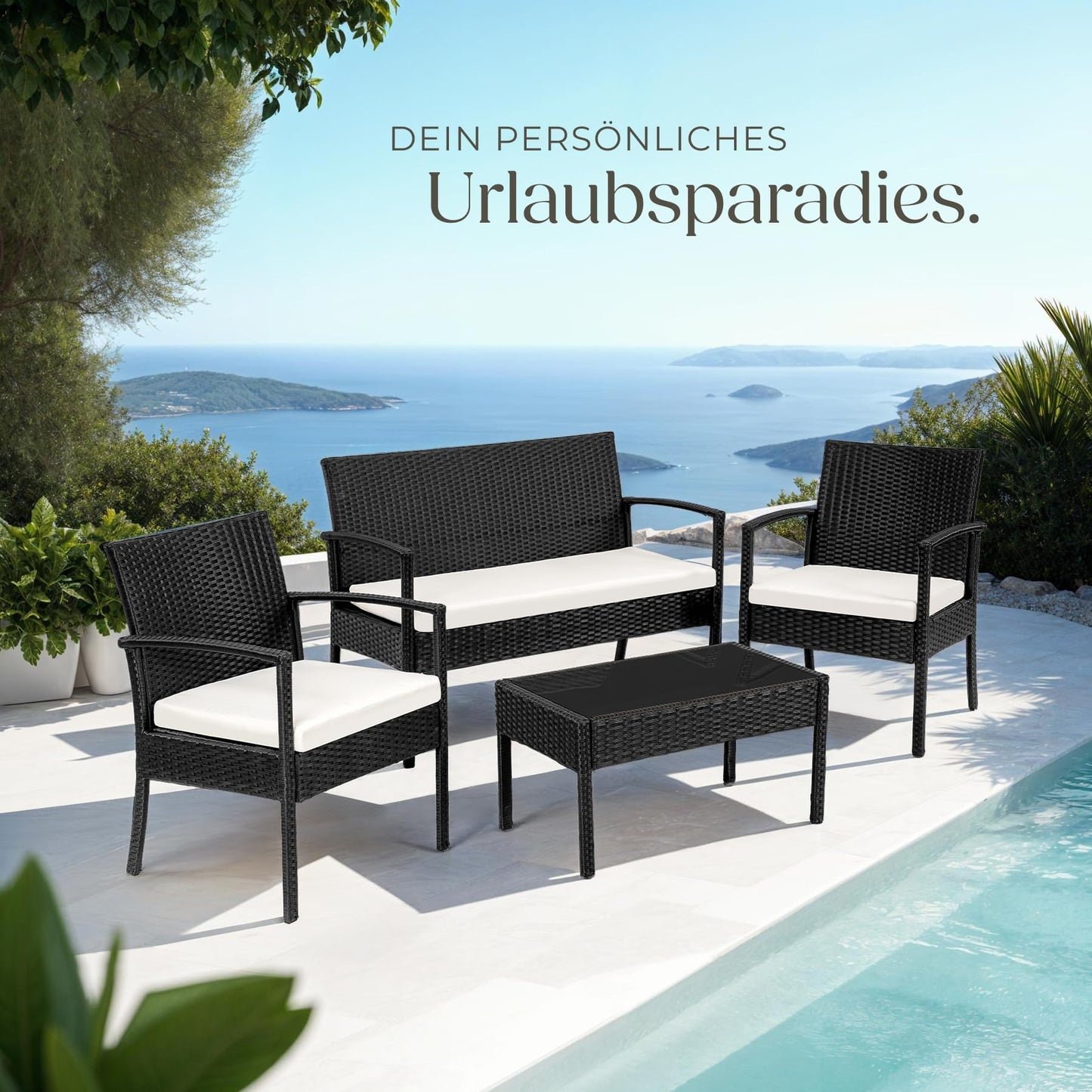 tectake Rattan Gartenlounge 4-tlg., 2 Sessel, Bank & Tisch, Outdoor schwarz