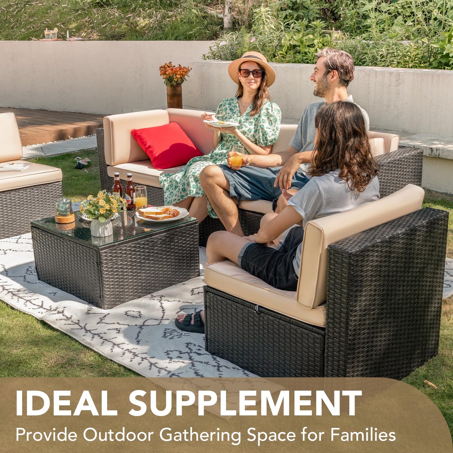 Devoko Outdoor Sofa Set 6-teilig, Rattan Terrasse mit Glastisch & Kissen