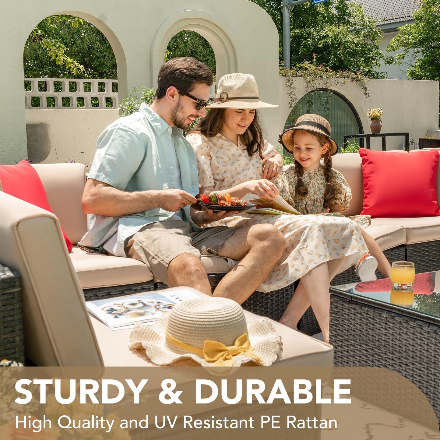 Devoko Outdoor Sofa Set 6-teilig, Rattan Terrasse mit Glastisch & Kissen