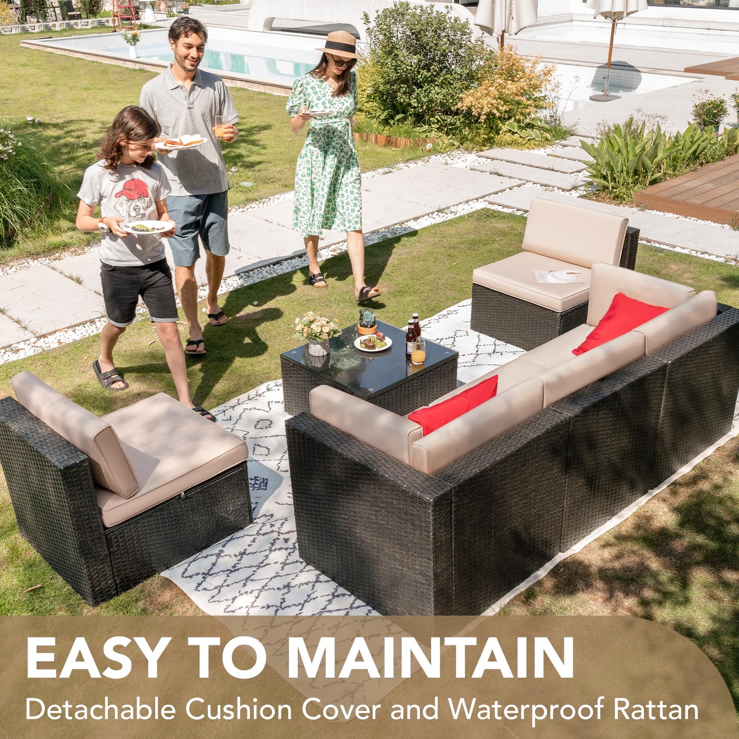 Devoko Outdoor Sofa Set 6-teilig, Rattan Terrasse mit Glastisch & Kissen