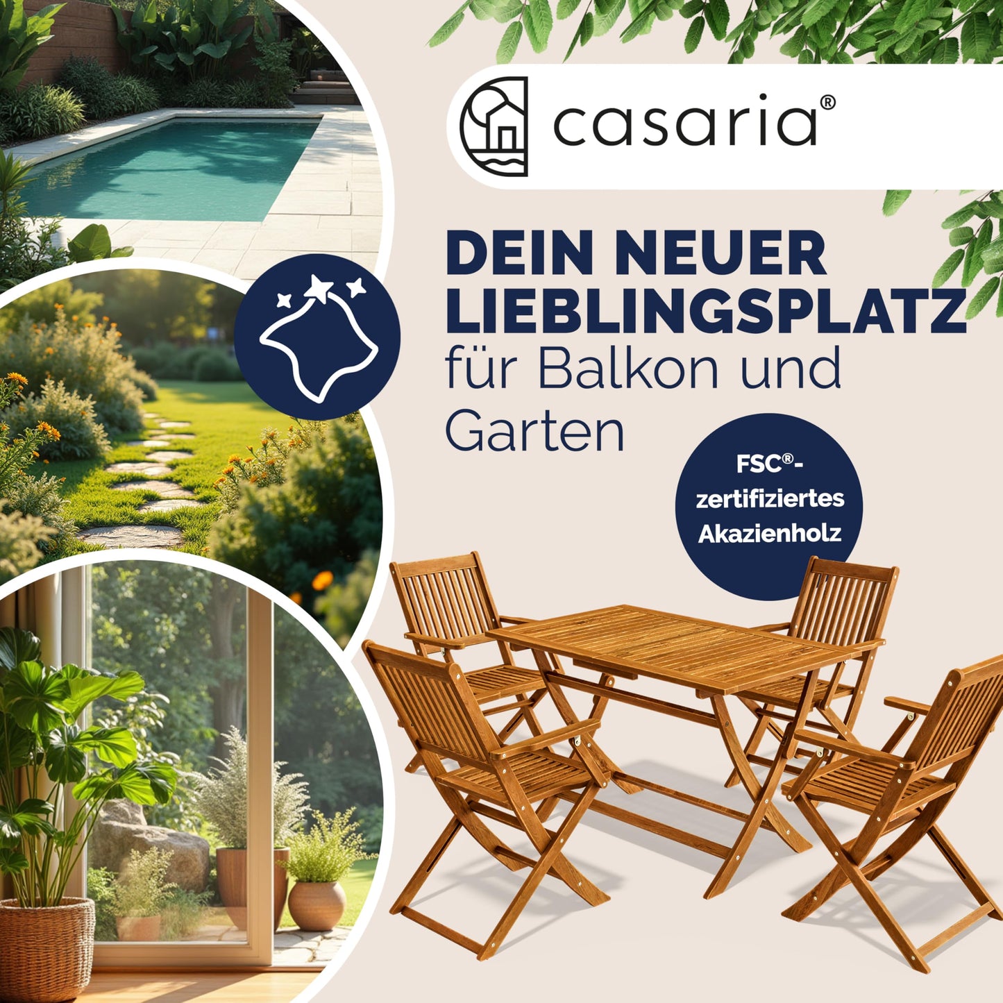 Casaria® 5-teiliges Gartenmöbel Set, Holz Akazie, Klappbar, Terrasse & Balkon