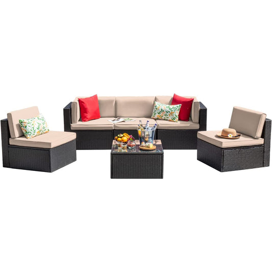 Devoko Outdoor Sofa Set 6-teilig, Rattan Terrasse mit Glastisch & Kissen