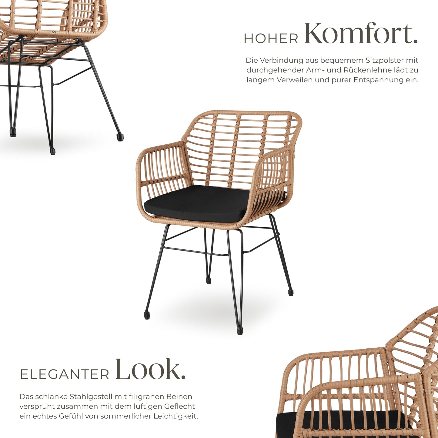 tectake 2-Personen Bistro-Set 3-tlg., Rattan, Garten/Balkon, Natur