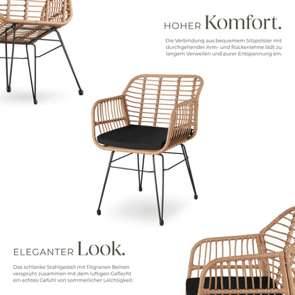 tectake 2-Personen Bistro-Set 3-tlg., Rattan, Garten/Balkon, Natur