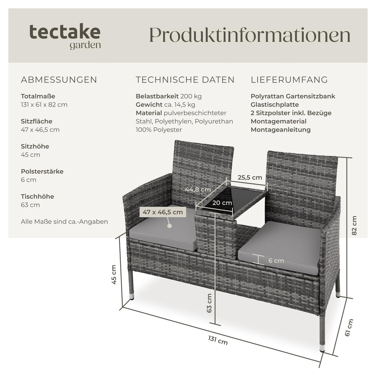 tectake Lounge Sitzbank 2-Sitzer mit integriertem Tisch, Rattan, Grau