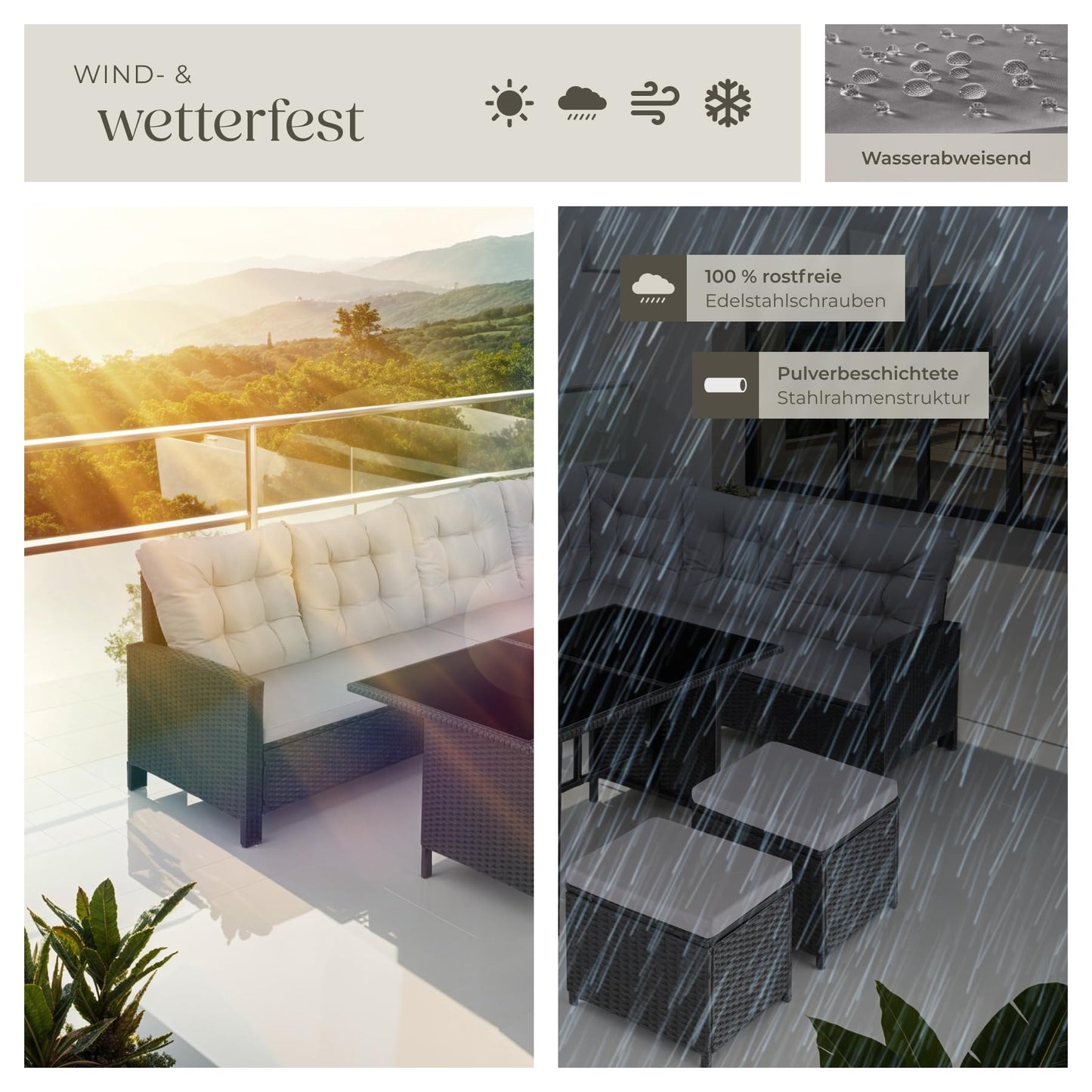 tectake 5-tlg. Polyrattan Lounge Set mit Kissen, Balkon & Garten, Schwarz