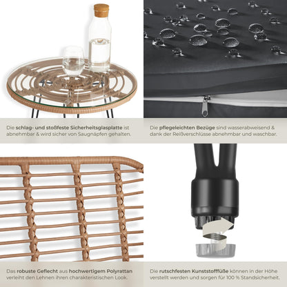 tectake 2-Personen Bistro-Set 3-tlg., Rattan, Garten/Balkon, Natur