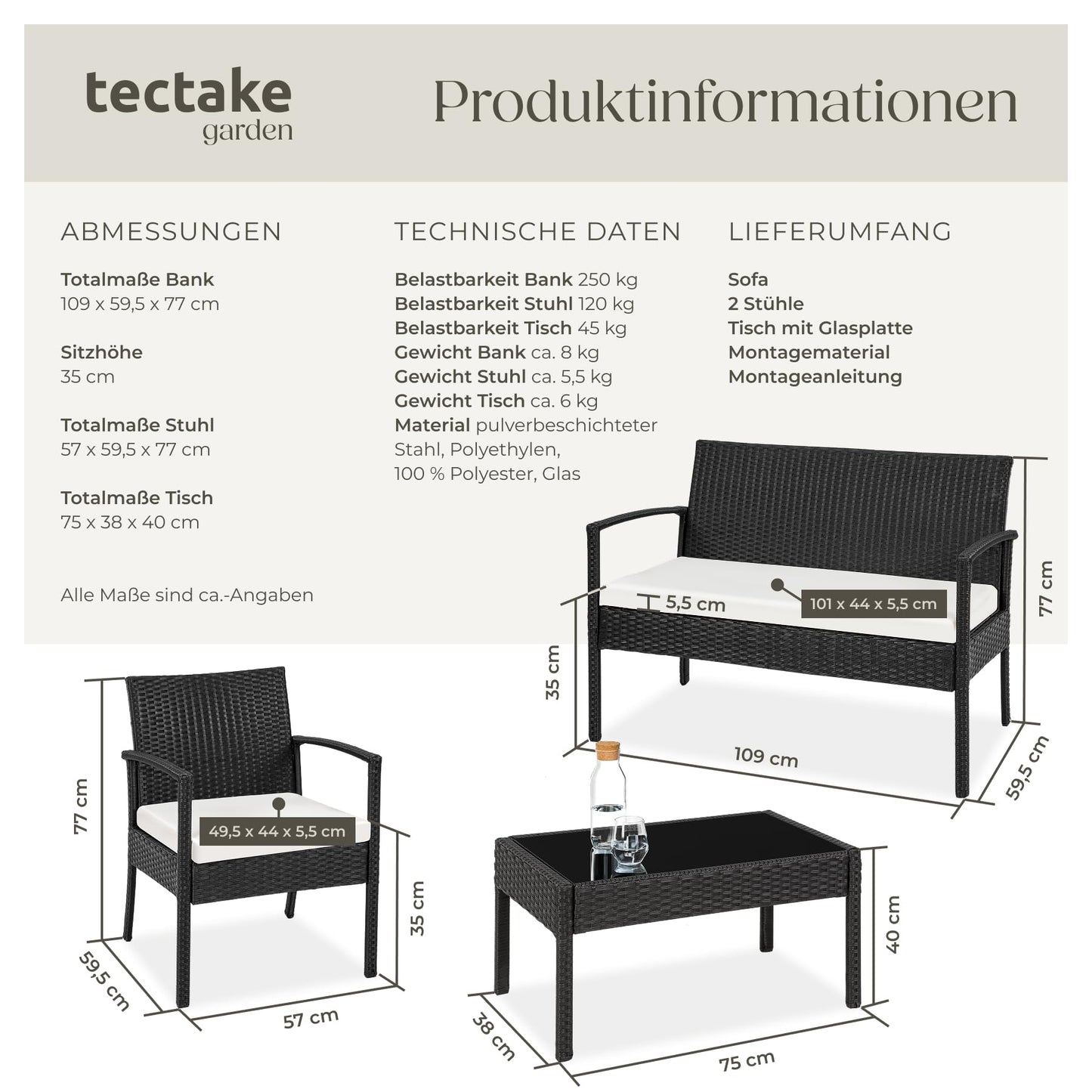 tectake Rattan Gartenlounge 4-tlg., 2 Sessel, Bank & Tisch, Outdoor schwarz