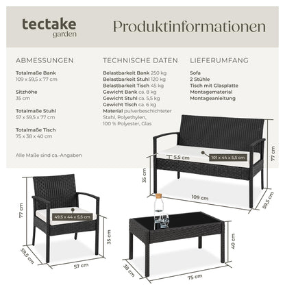 tectake Rattan Gartenlounge 4-tlg., 2 Sessel, Bank & Tisch, Outdoor schwarz