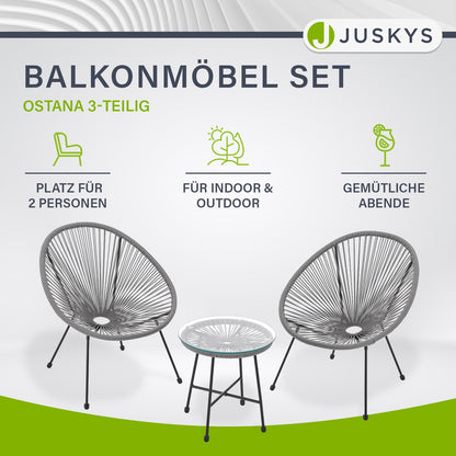 Juskys Ostana Balkonset 3-teilig – Tisch + 2 Sessel, Hellgrau