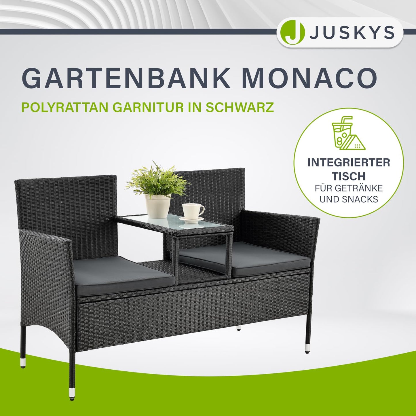 Juskys Polyrattan 2-Sitzer Gartenbank Monaco mit Tisch & Kissen, wetterfest