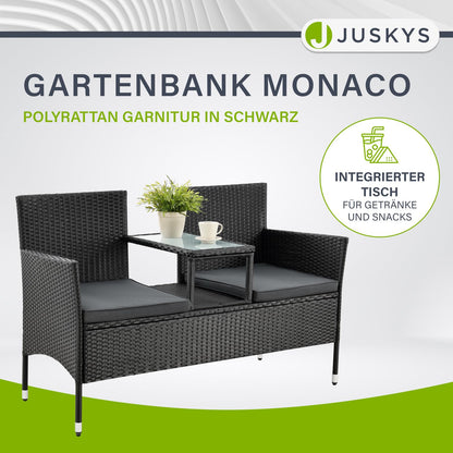 Juskys Polyrattan 2-Sitzer Gartenbank Monaco mit Tisch & Kissen, wetterfest