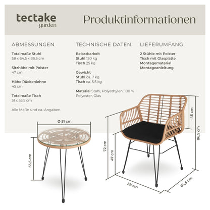 tectake 2-Personen Bistro-Set 3-tlg., Rattan, Garten/Balkon, Natur
