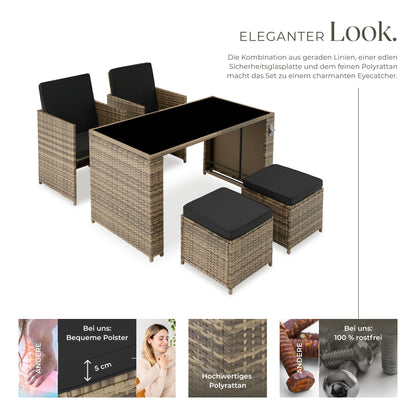 Polyrattan Gartenset tectake, 5-teilig, Lounge Sofa, Sessel, Hocker, Natur