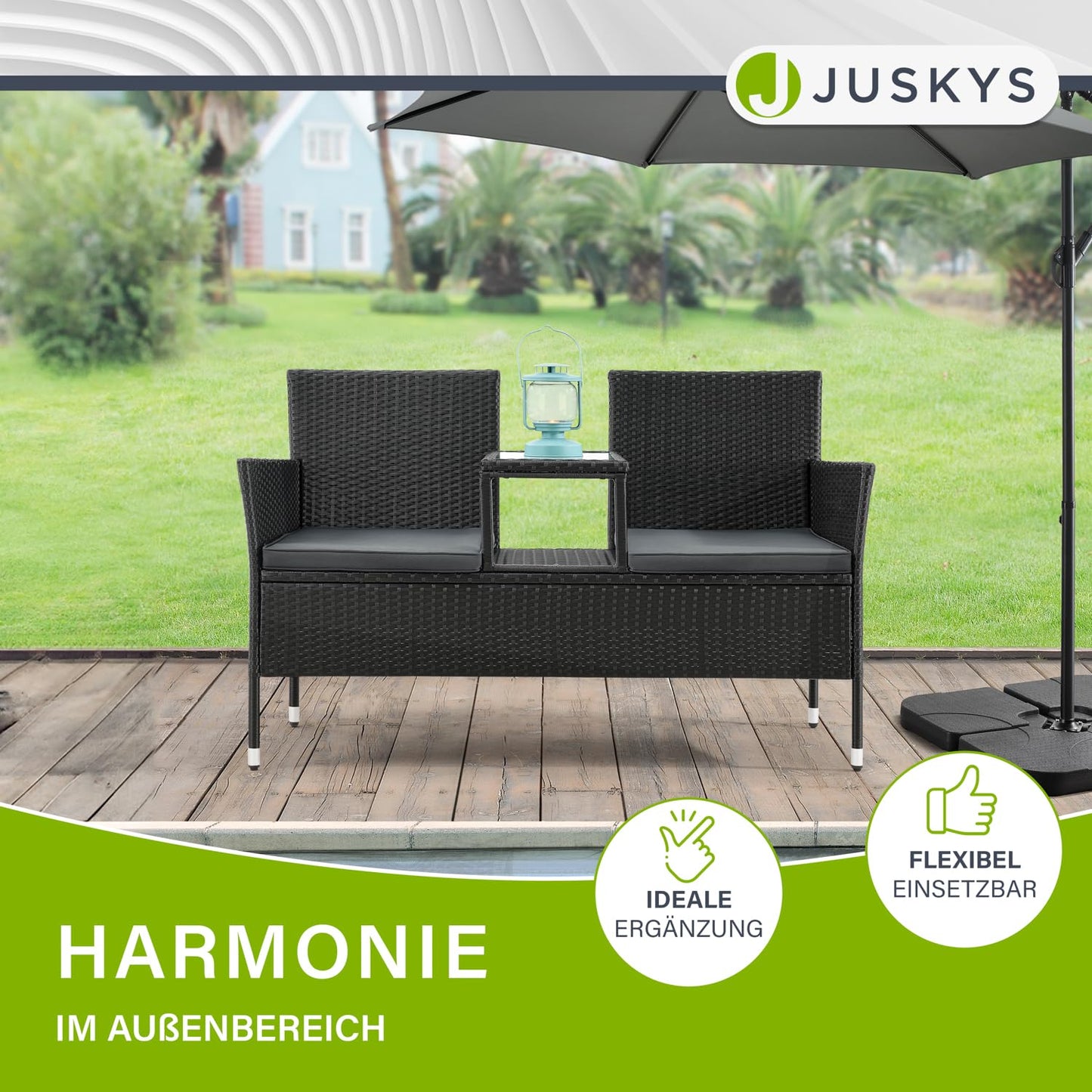 Juskys Polyrattan 2-Sitzer Gartenbank Monaco mit Tisch & Kissen, wetterfest