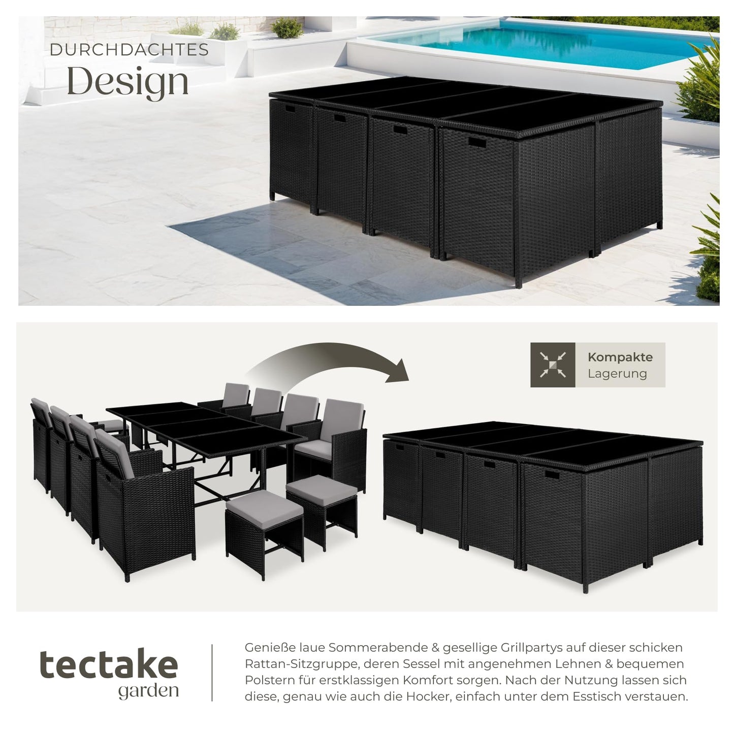 tectake Gartenlounge 13-tlg., Polyrattan Set für Garten, Balkon, Terrasse