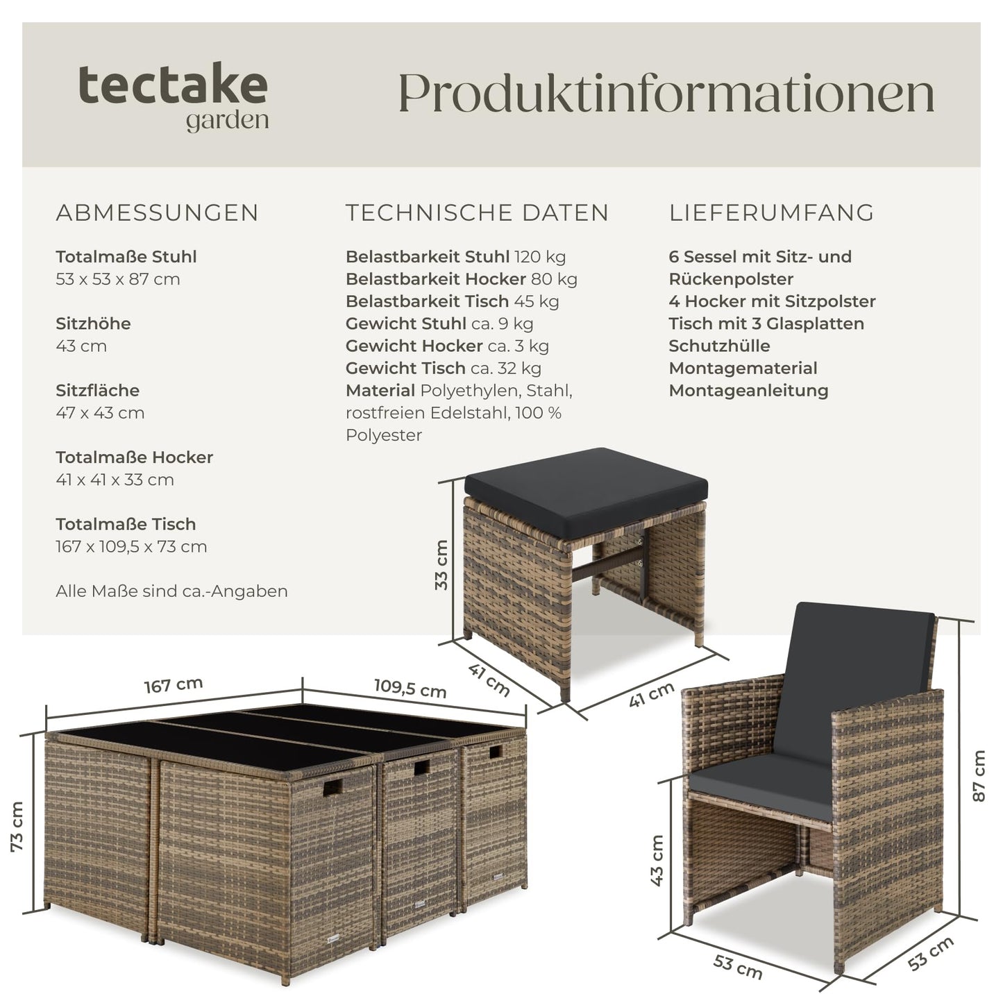 tectake® Balkonmöbel Set, Poly-Rattan Lounge mit 6 Stühlen & 4 Hockern, Natur