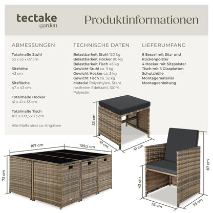 tectake® Balkonmöbel Set, Poly-Rattan Lounge mit 6 Stühlen & 4 Hockern, Natur