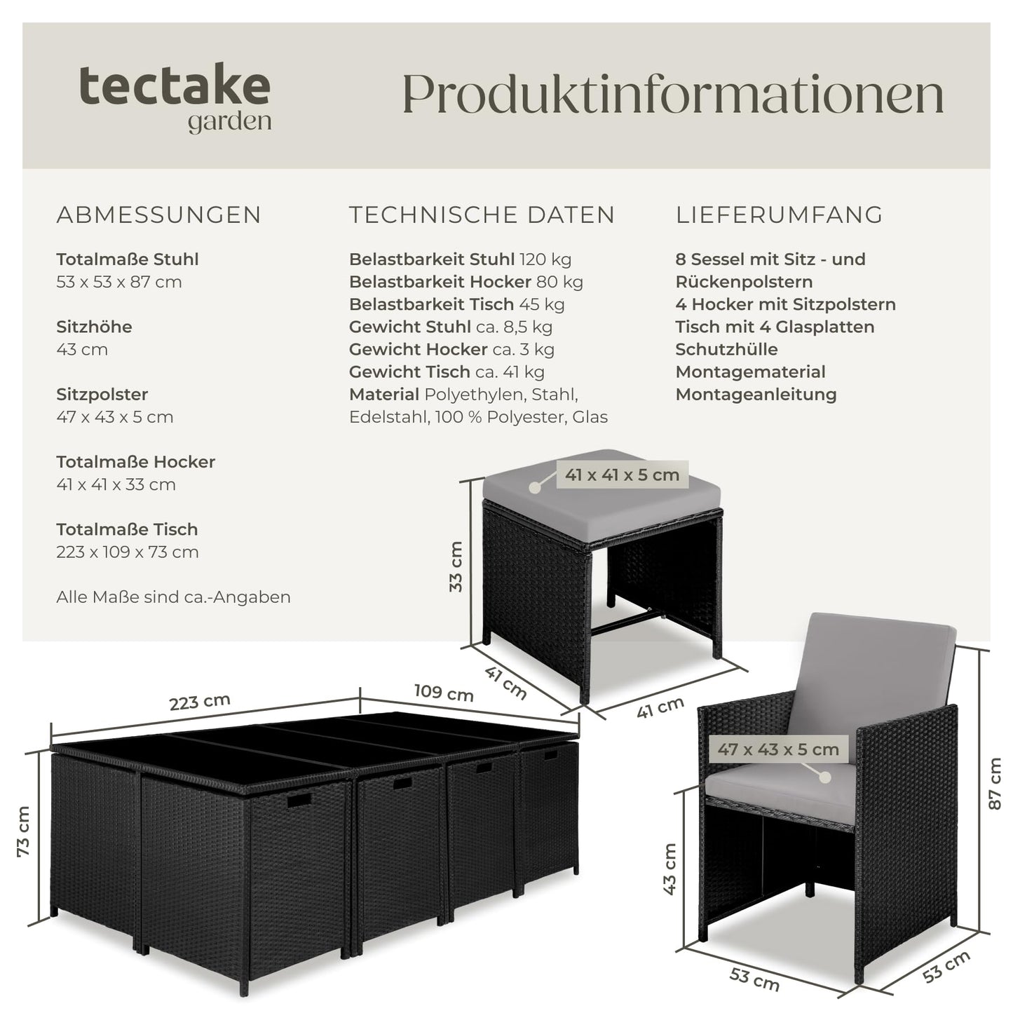 tectake Gartenlounge 13-tlg., Polyrattan Set für Garten, Balkon, Terrasse