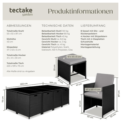 tectake Gartenlounge 13-tlg., Polyrattan Set für Garten, Balkon, Terrasse