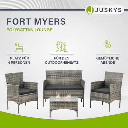 Juskys Fort Myers 4-Pers. Polyrattan Lounge-Set mit Tisch & Kissen, Grau